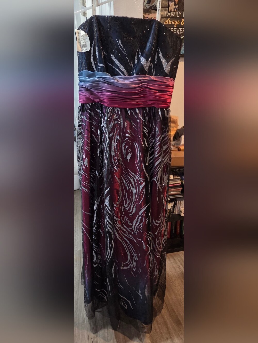 NWT David's Bridal Strapless Ombre Gown in Black and Burgandy with Pink Accents